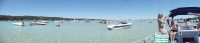 Panorama of the Torch Lake sand bar, our pontoon boat is at far right